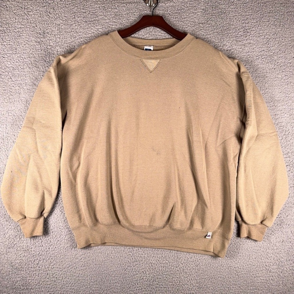 Vintage 90s Russell Athletic Blank Crewneck Sweatshirt Mens XXL Tan Made in USA
